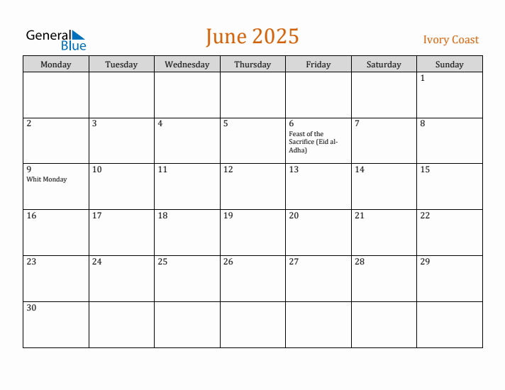 June 2025 Holiday Calendar with Monday Start