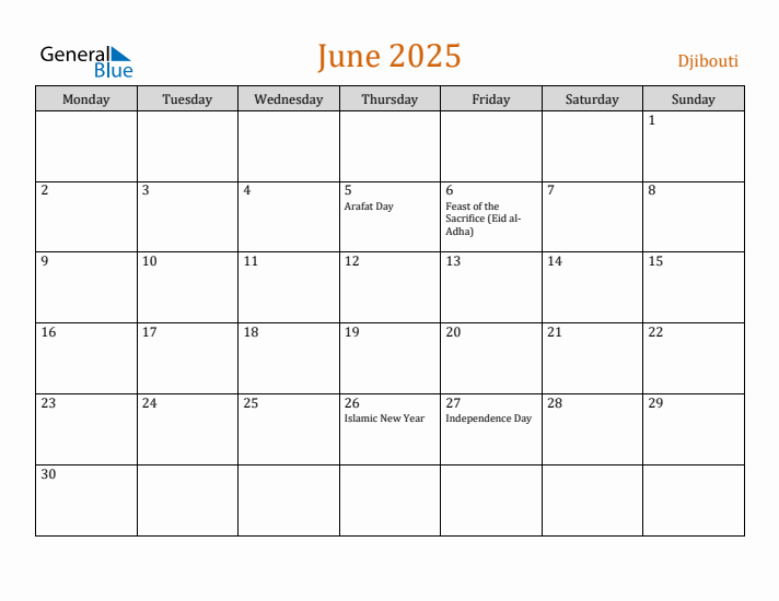 June 2025 Holiday Calendar with Monday Start