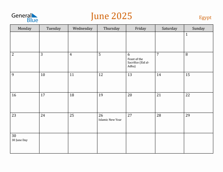 June 2025 Holiday Calendar with Monday Start
