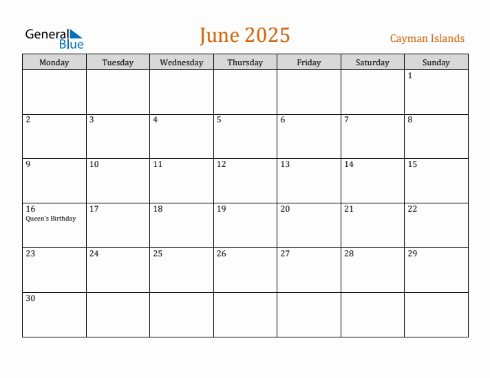 June 2025 Holiday Calendar with Monday Start