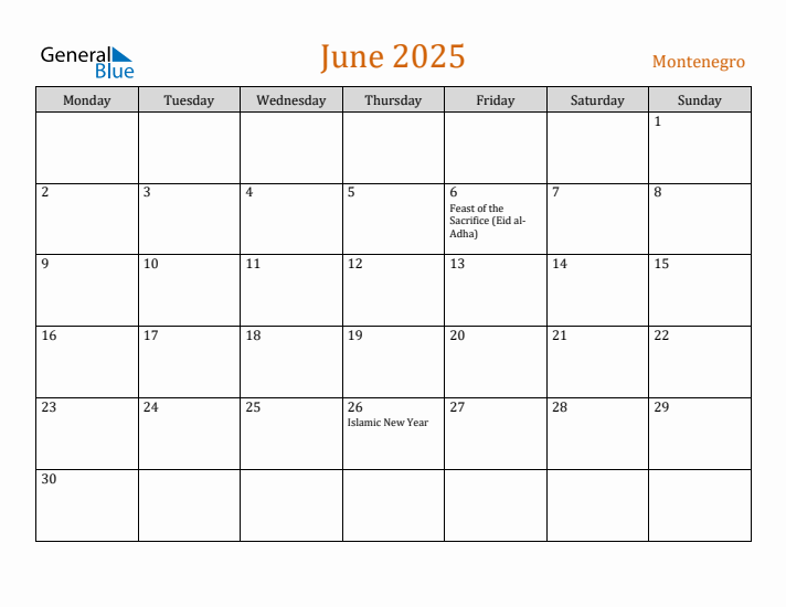 June 2025 Holiday Calendar with Monday Start