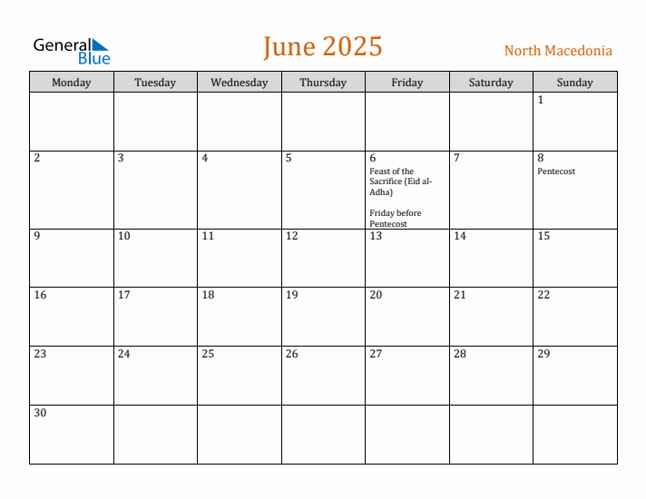 June 2025 Holiday Calendar with Monday Start