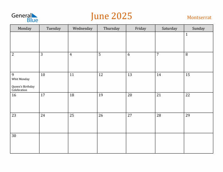 June 2025 Holiday Calendar with Monday Start