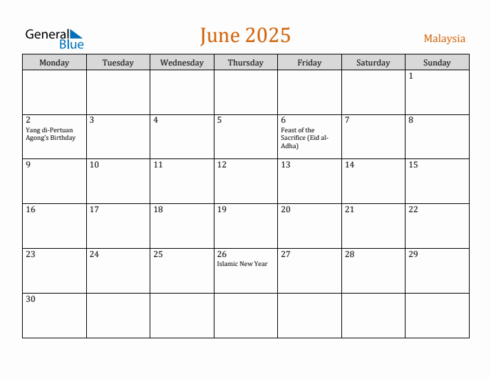 June 2025 Holiday Calendar with Monday Start