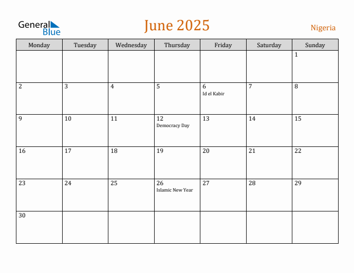 June 2025 Holiday Calendar with Monday Start
