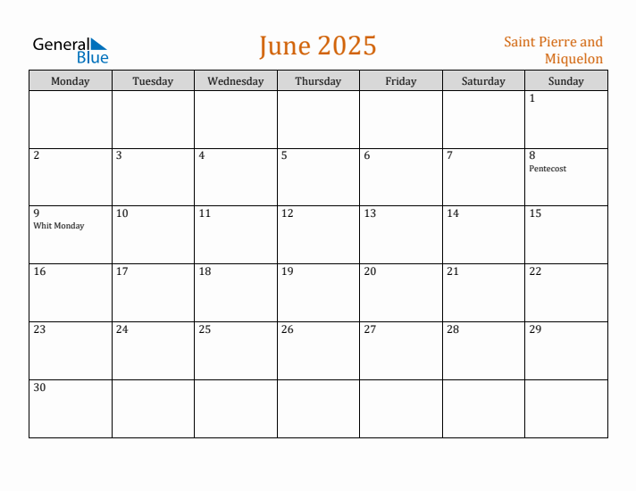 June 2025 Holiday Calendar with Monday Start