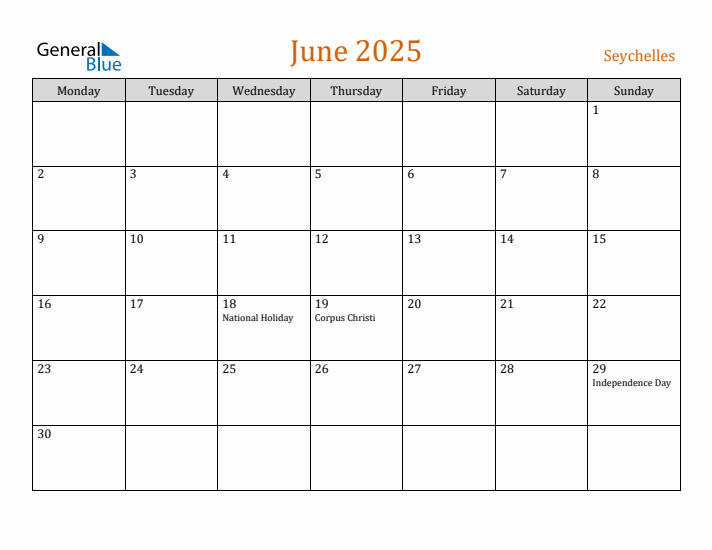 June 2025 Holiday Calendar with Monday Start