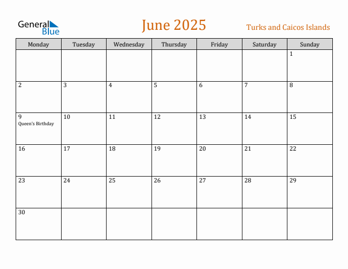June 2025 Holiday Calendar with Monday Start