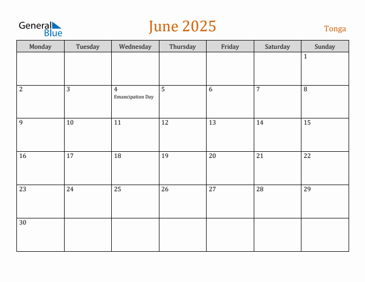 June 2025 Holiday Calendar with Monday Start