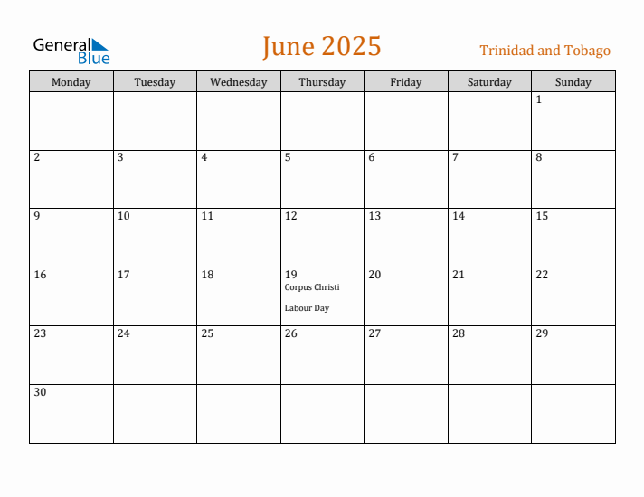 June 2025 Holiday Calendar with Monday Start