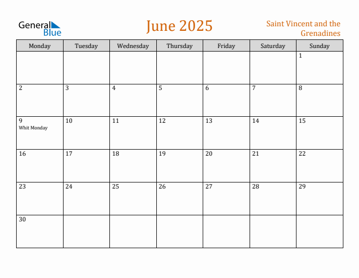 June 2025 Holiday Calendar with Monday Start