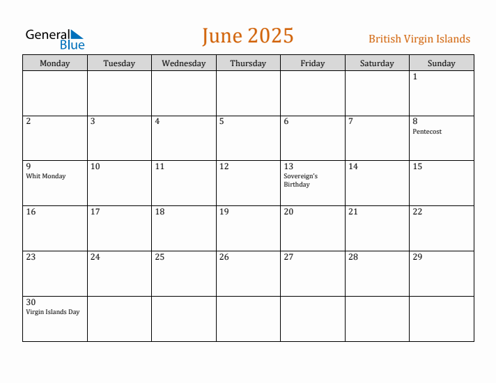 June 2025 Holiday Calendar with Monday Start