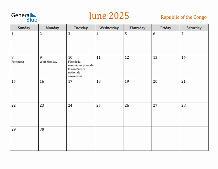 June 2025 Holiday Calendar with Sunday Start