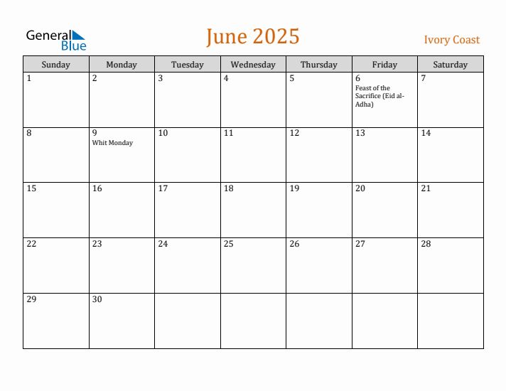 June 2025 Holiday Calendar with Sunday Start
