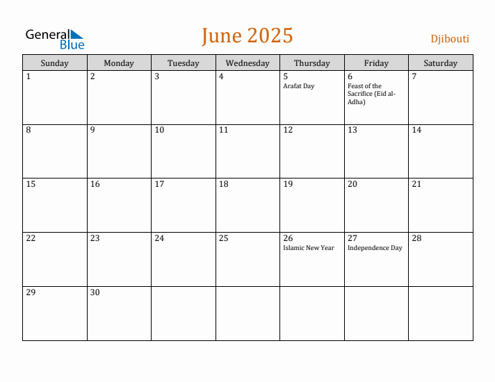 June 2025 Holiday Calendar with Sunday Start