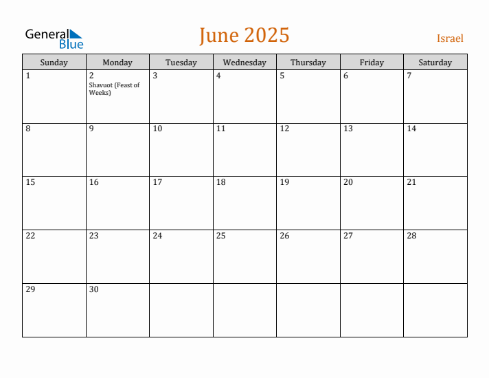 June 2025 Holiday Calendar with Sunday Start