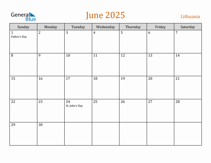 June 2025 Holiday Calendar with Sunday Start