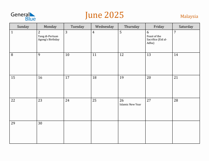 June 2025 Holiday Calendar with Sunday Start