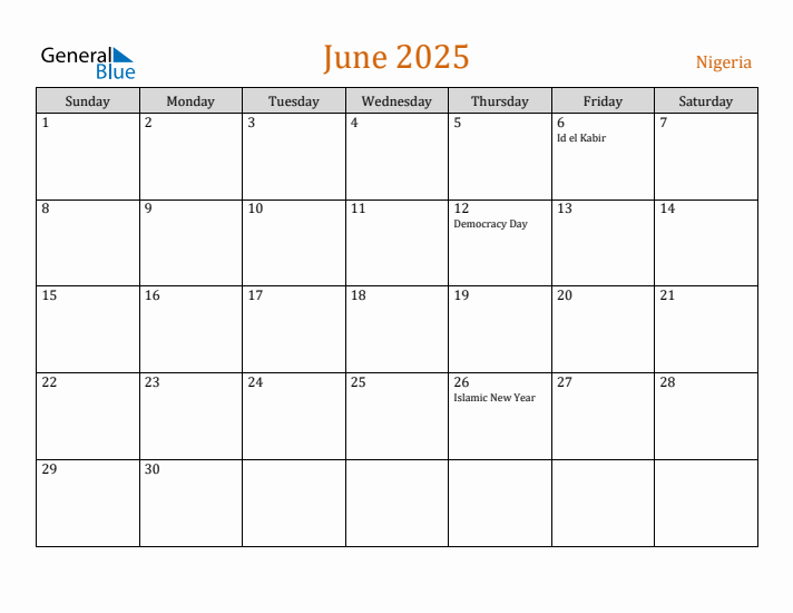 June 2025 Holiday Calendar with Sunday Start