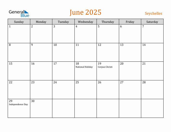 June 2025 Holiday Calendar with Sunday Start
