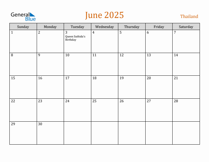 June 2025 Holiday Calendar with Sunday Start