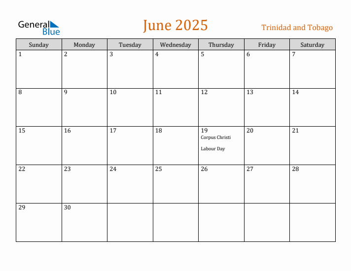 June 2025 Holiday Calendar with Sunday Start