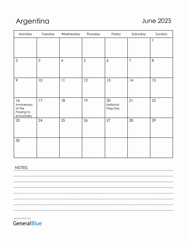 June 2025 Argentina Calendar with Holidays (Monday Start)