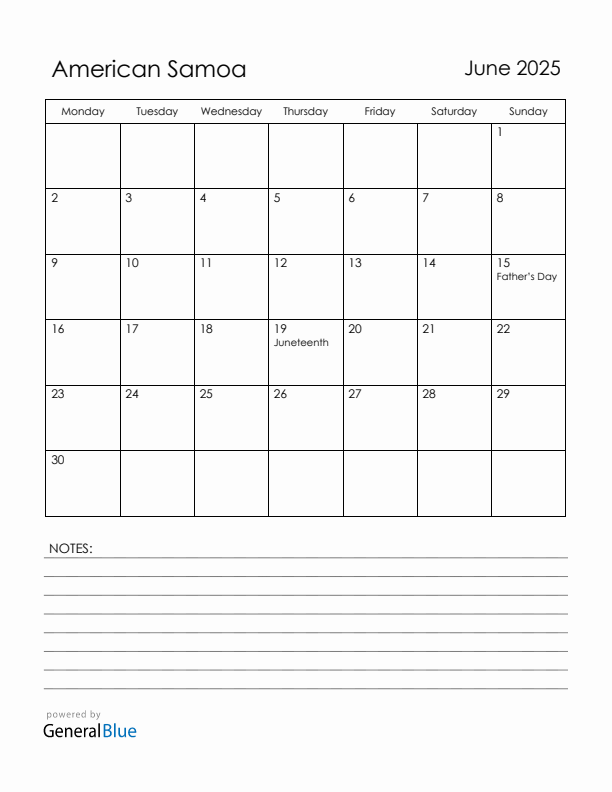 June 2025 American Samoa Calendar with Holidays (Monday Start)
