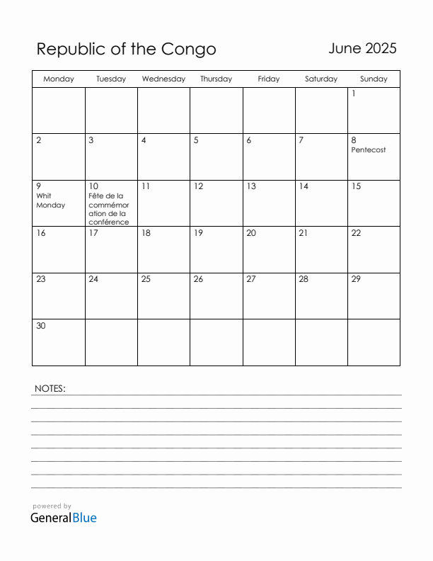 June 2025 Republic of the Congo Calendar with Holidays (Monday Start)