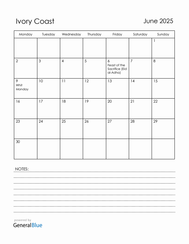 June 2025 Ivory Coast Calendar with Holidays (Monday Start)