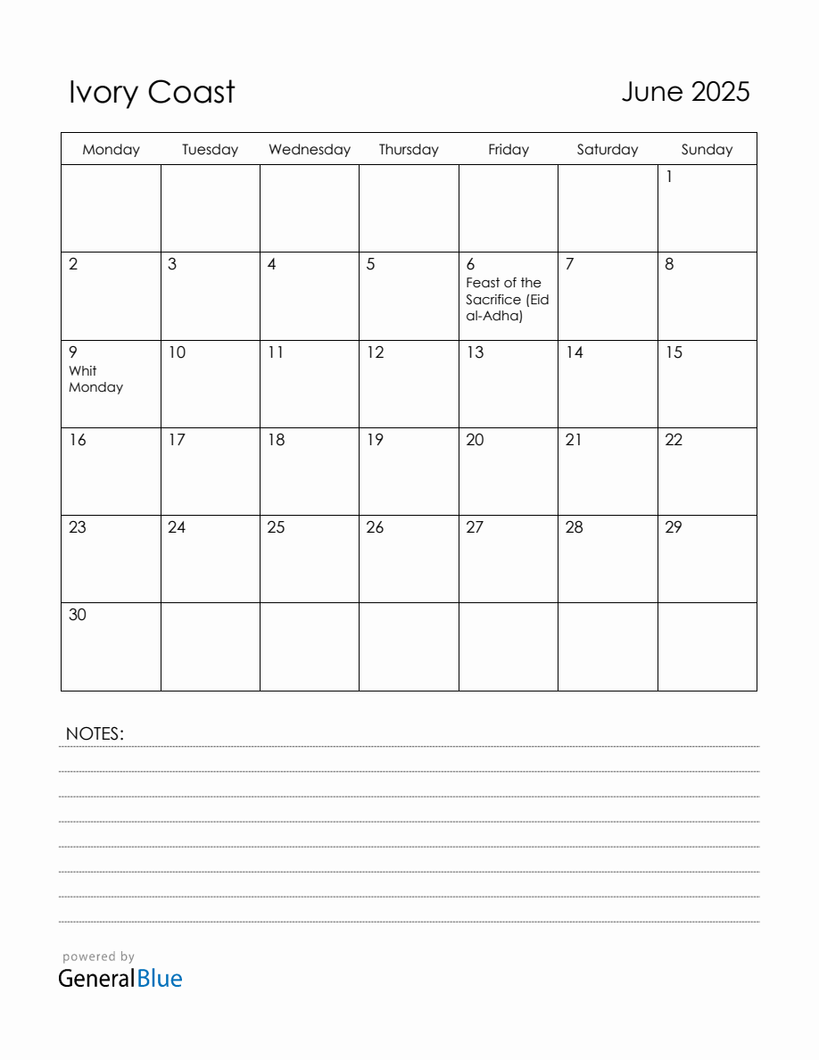 June 2025 Ivory Coast Calendar with Holidays (Monday Start)