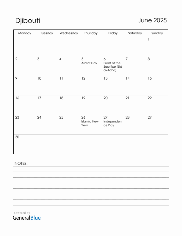 June 2025 Djibouti Calendar with Holidays (Monday Start)