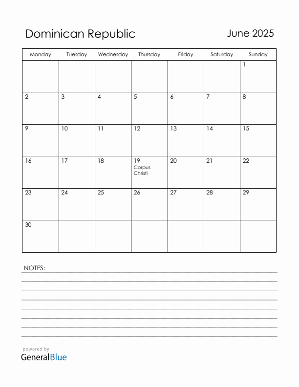 June 2025 Dominican Republic Calendar with Holidays (Monday Start)