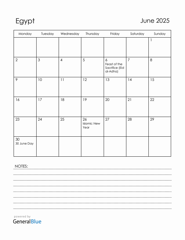 June 2025 Egypt Calendar with Holidays (Monday Start)