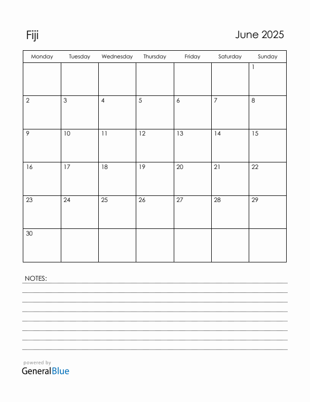June 2025 Fiji Calendar with Holidays (Monday Start)