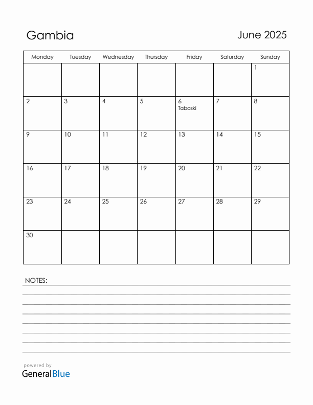 June 2025 Gambia Calendar with Holidays (Monday Start)