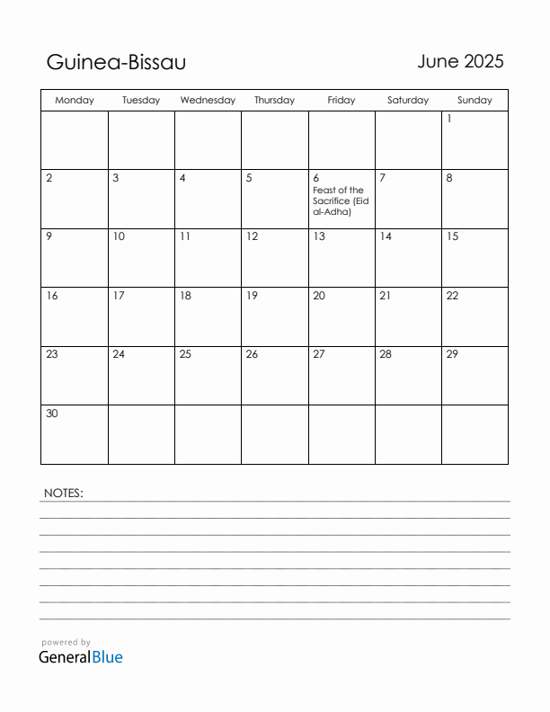 June 2025 Guinea-Bissau Calendar with Holidays (Monday Start)