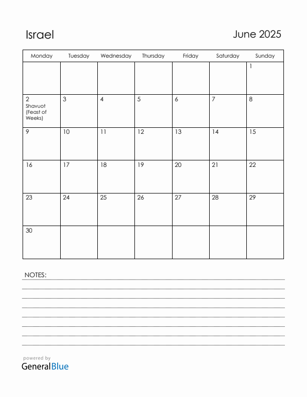 June 2025 Israel Calendar with Holidays (Monday Start)