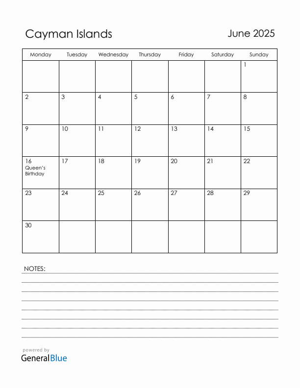 June 2025 Cayman Islands Calendar with Holidays (Monday Start)