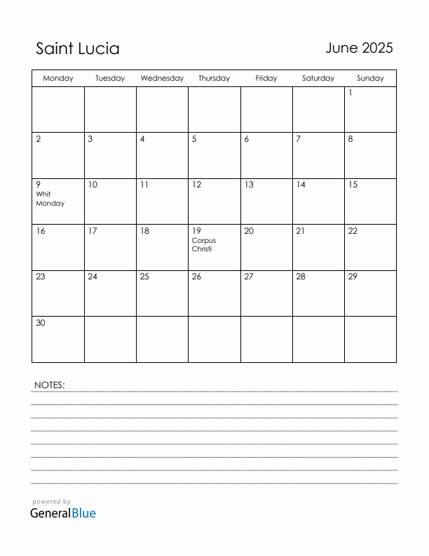 June 2025 Saint Lucia Calendar with Holidays (Monday Start)
