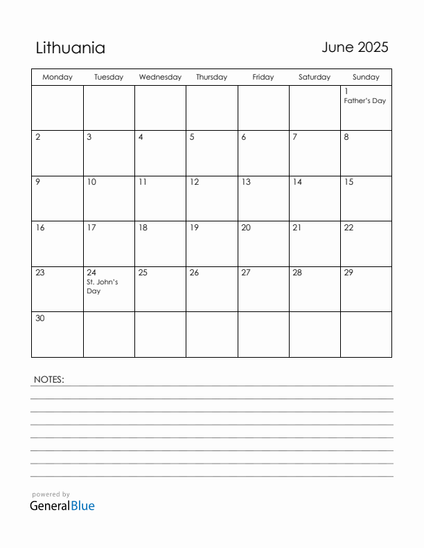 June 2025 Lithuania Calendar with Holidays (Monday Start)