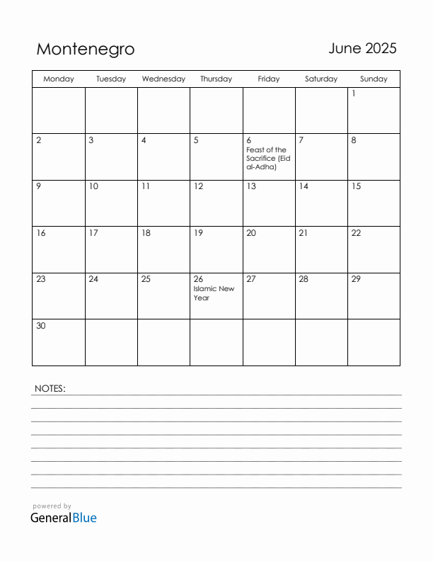 June 2025 Montenegro Calendar with Holidays (Monday Start)