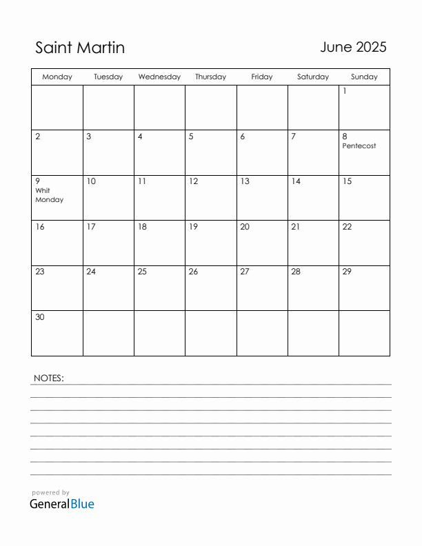 June 2025 Saint Martin Calendar with Holidays (Monday Start)