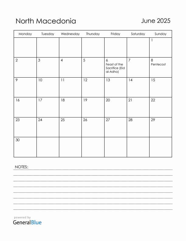 June 2025 North Macedonia Calendar with Holidays (Monday Start)