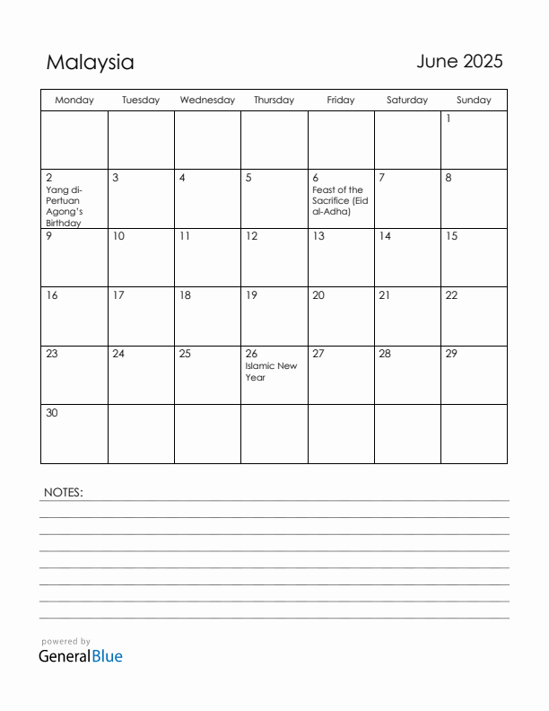 June 2025 Malaysia Calendar with Holidays (Monday Start)
