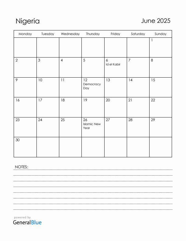 June 2025 Nigeria Calendar with Holidays (Monday Start)