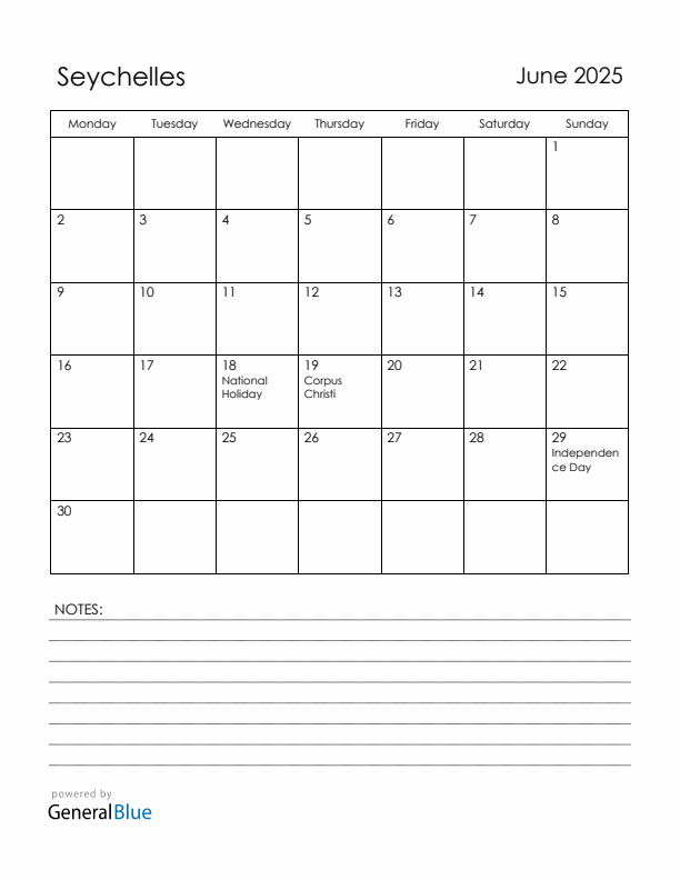 June 2025 Seychelles Calendar with Holidays (Monday Start)