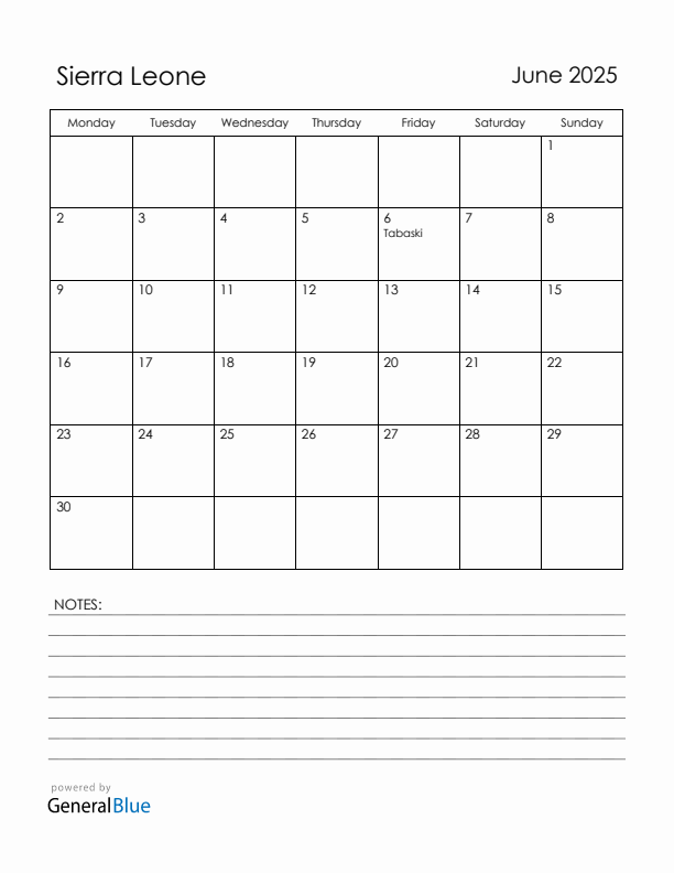 June 2025 Sierra Leone Calendar with Holidays (Monday Start)