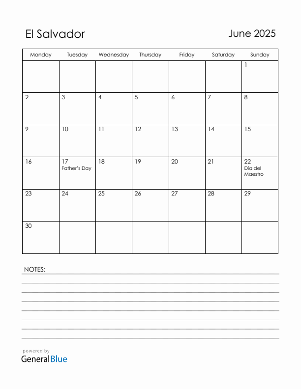 June 2025 El Salvador Calendar with Holidays (Monday Start)