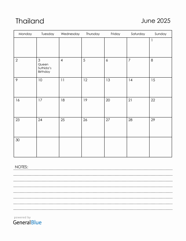 June 2025 Thailand Calendar with Holidays (Monday Start)